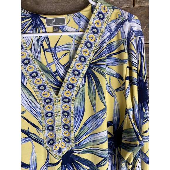 JM Collection Women's Plus Sz XXL Yellow Blue Printed Rhinestone V-Neck Top - Picture 3 of 11